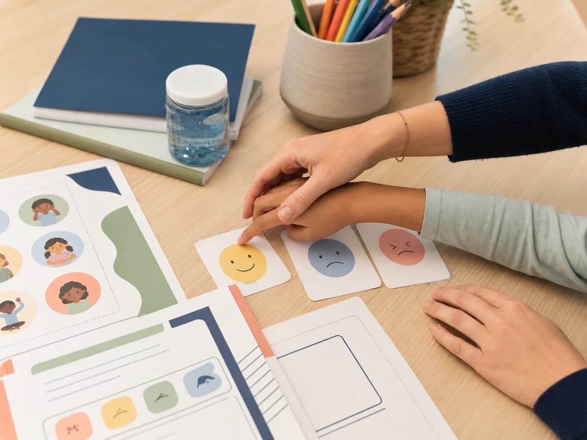 An adult supporting a child as they choose an emotion card at a calm workspace