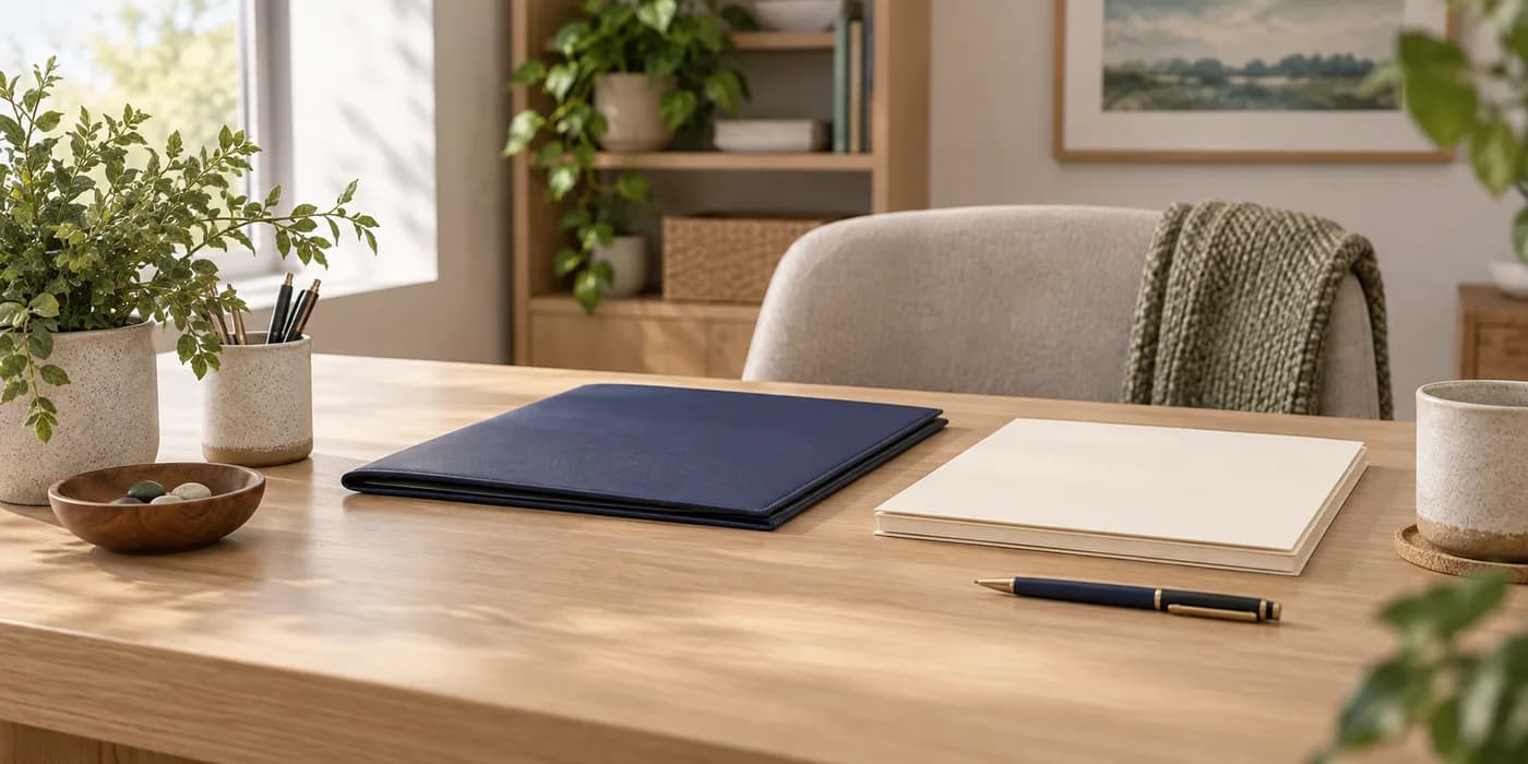Calm professional workspace with a navy folder and paper forms