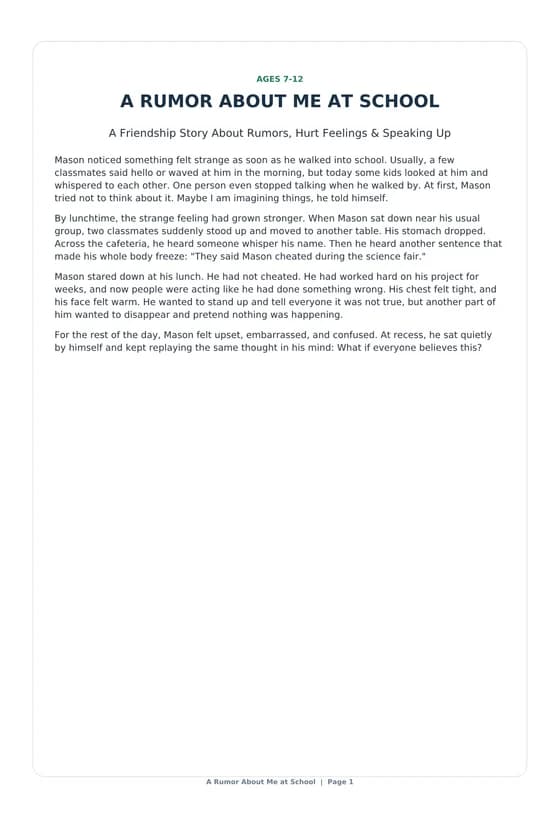 A Rumor About Me at School social story for children about checking facts and asking for help.