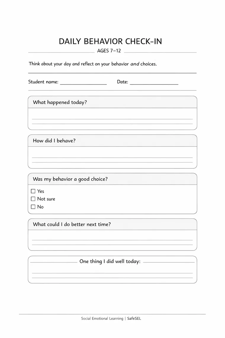 Daily Behavior Check-In worksheet for reflecting on behavior, choices, and strengths.
