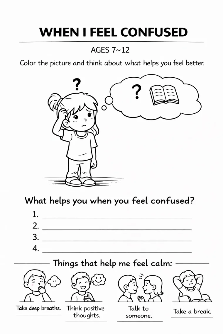 When I Feel Confused coloring and reflection worksheet for children.