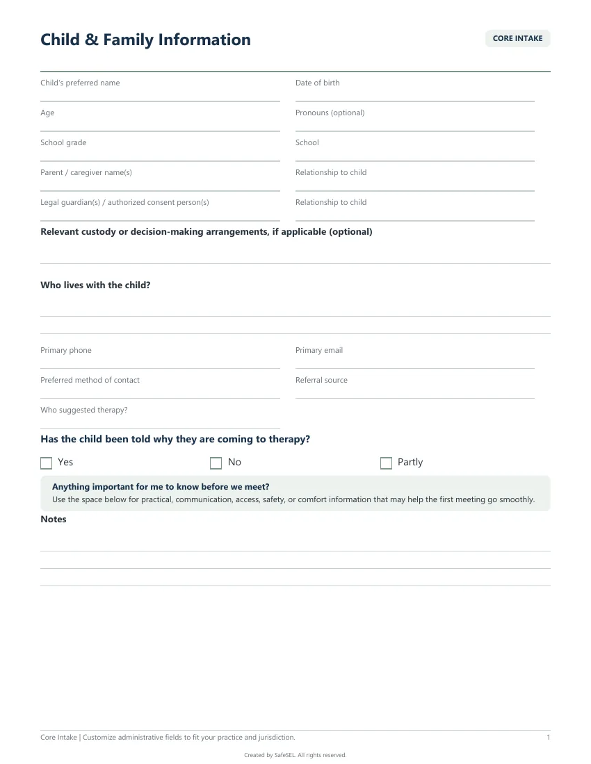 Preview of Free Child Therapy Intake Sample