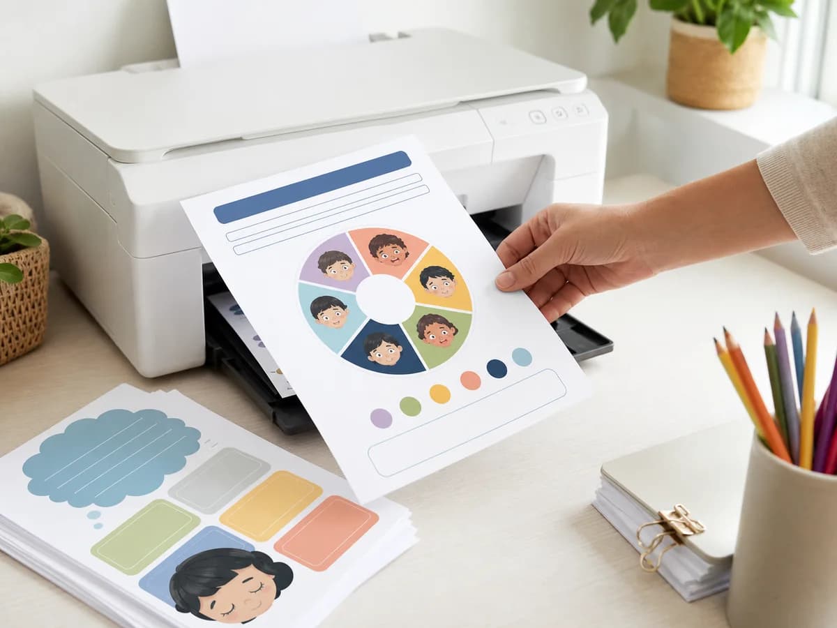 A freshly printed emotional skills worksheet being lifted from a home printer