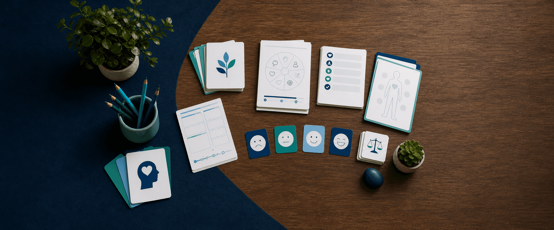 Printable SafeSEL worksheets, emotion cards and social-emotional learning resources arranged on a walnut desk