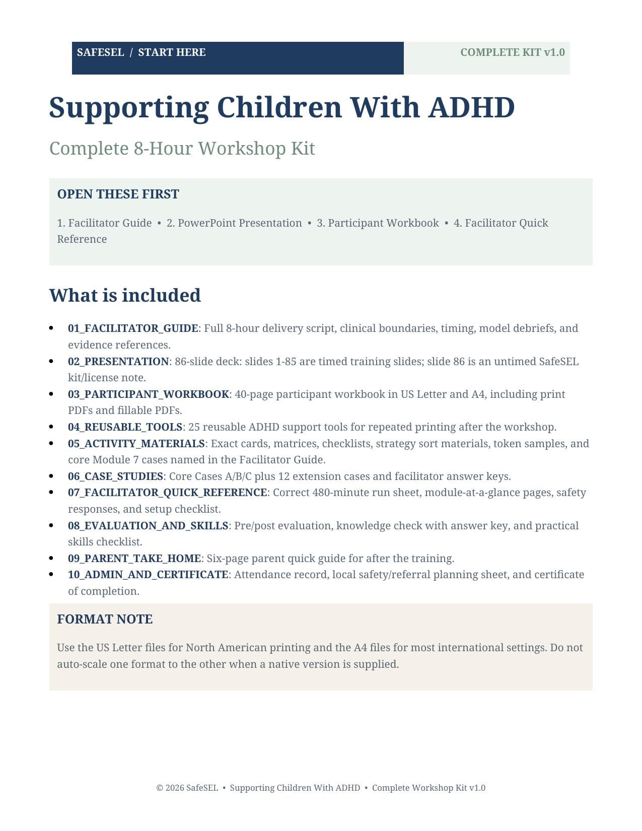 Real ADHD workshop kit overview confirming the 86-slide presentation and included materials