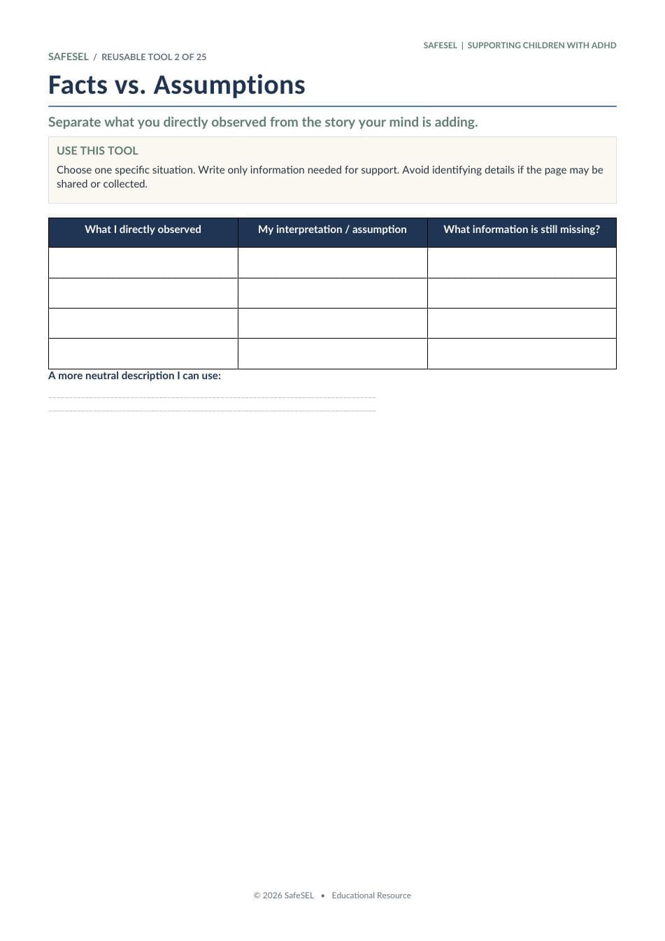 Reusable tools included in the ADHD workshop kit