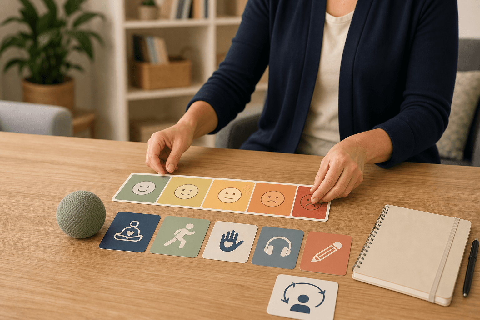 Professional anger regulation support workspace with emotion and calming strategy cards