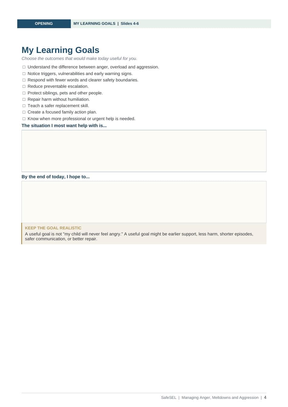 Page from the anger workshop participant workbook