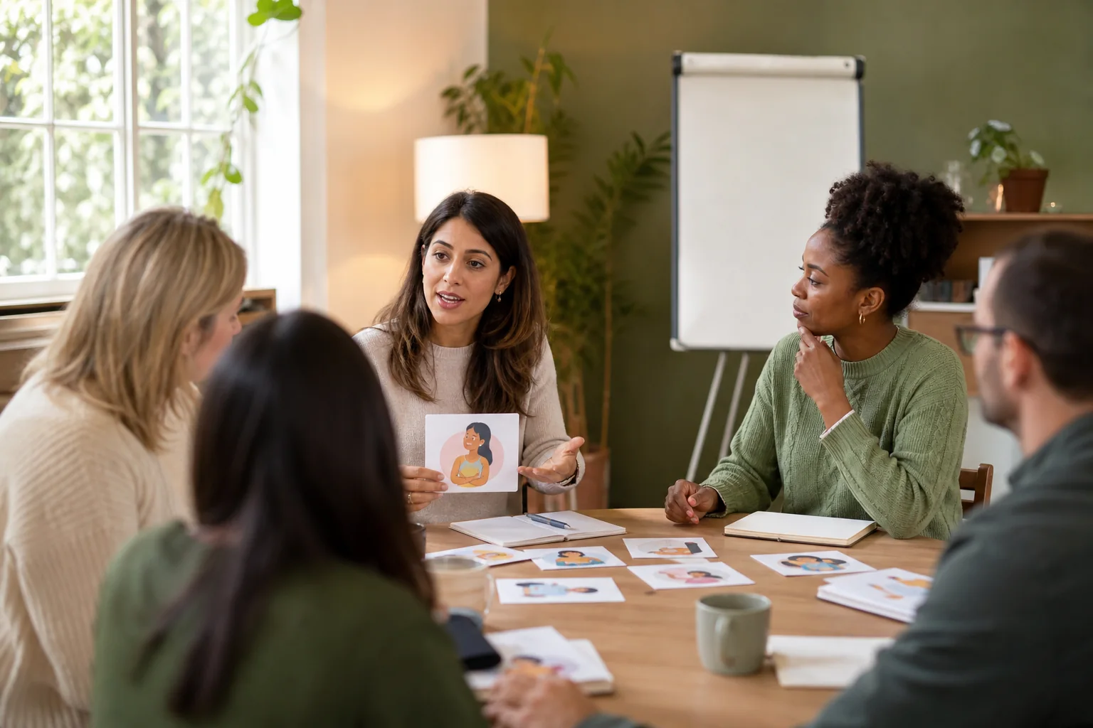 Facilitator using practical emotion regulation cards during a professional caregiver workshop