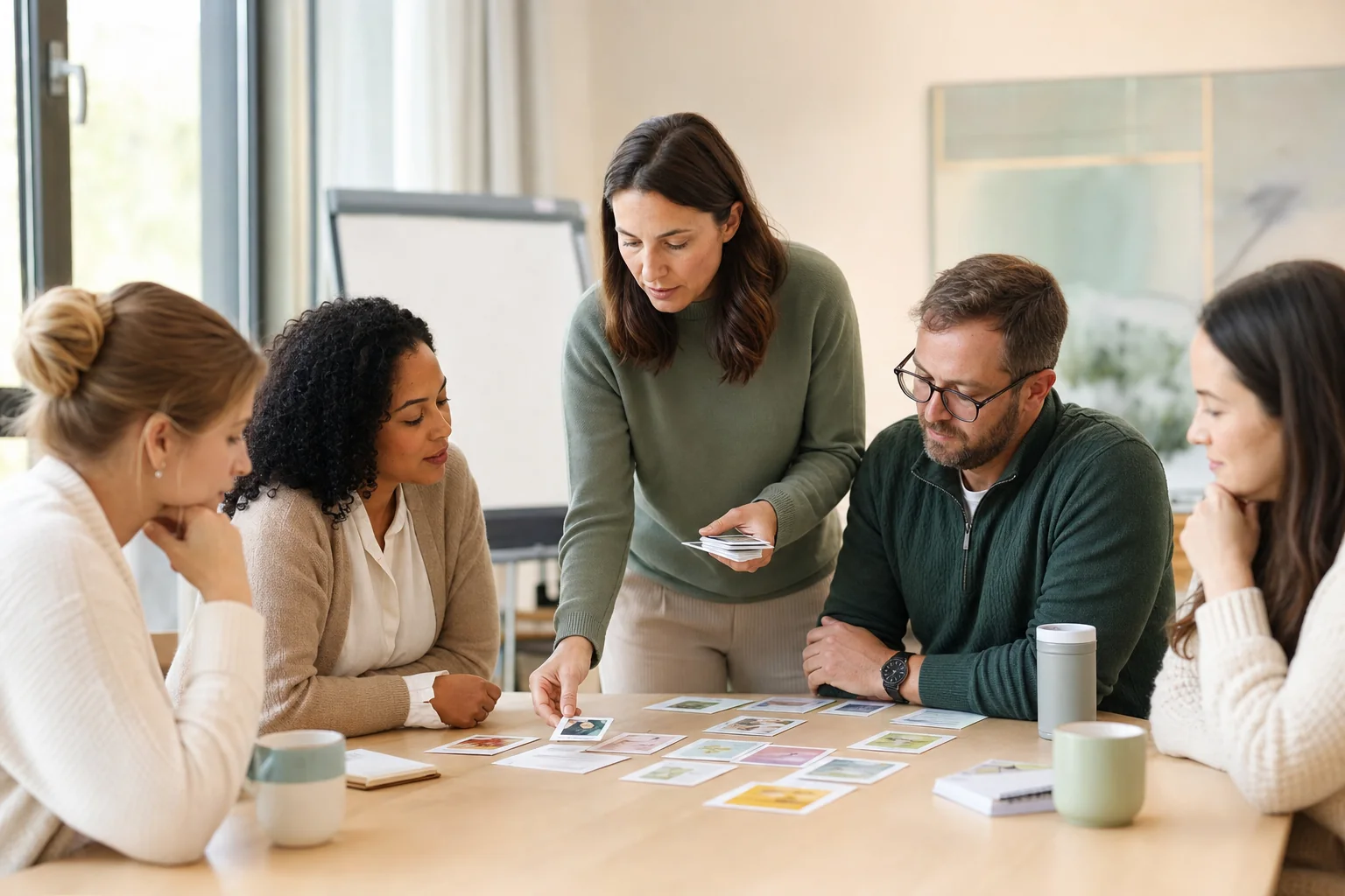 Adults using practical activity cards during a professional workshop about childhood anxiety
