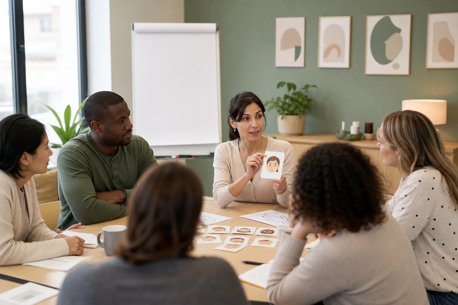Professional emotional regulation workshop using emotion cards and guided discussion