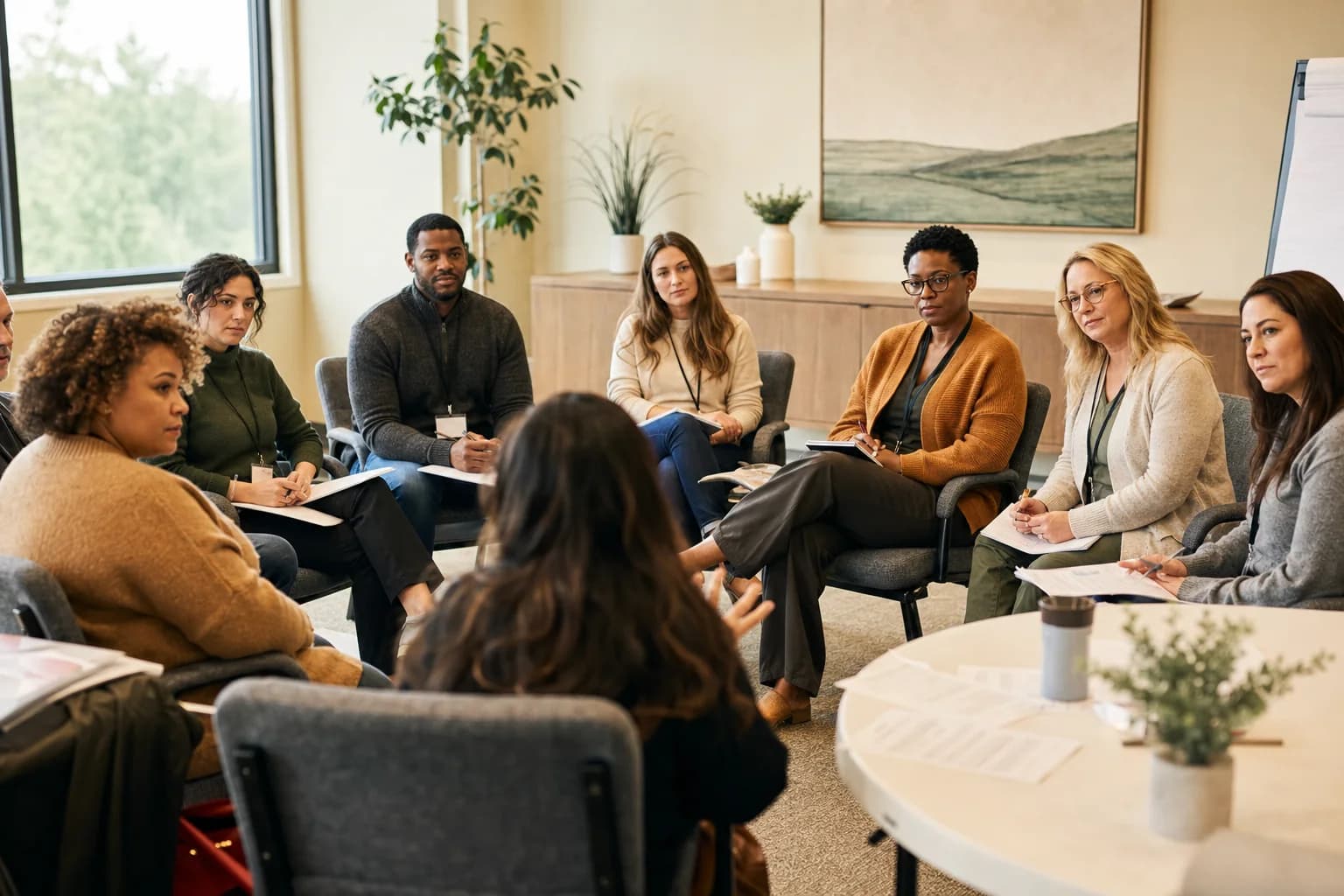 Trauma-informed professional training group in a calm and supportive learning environment