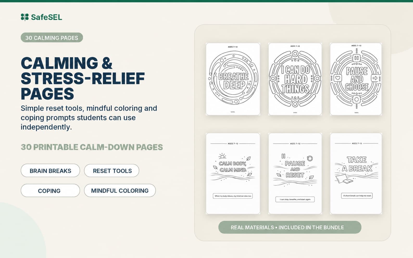 30 Calming and Stress-Relief Pages - real materials included in the bundle