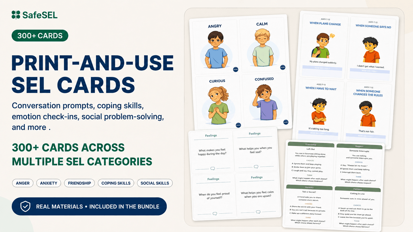 300+ Printable SEL Cards - real materials included in the bundle