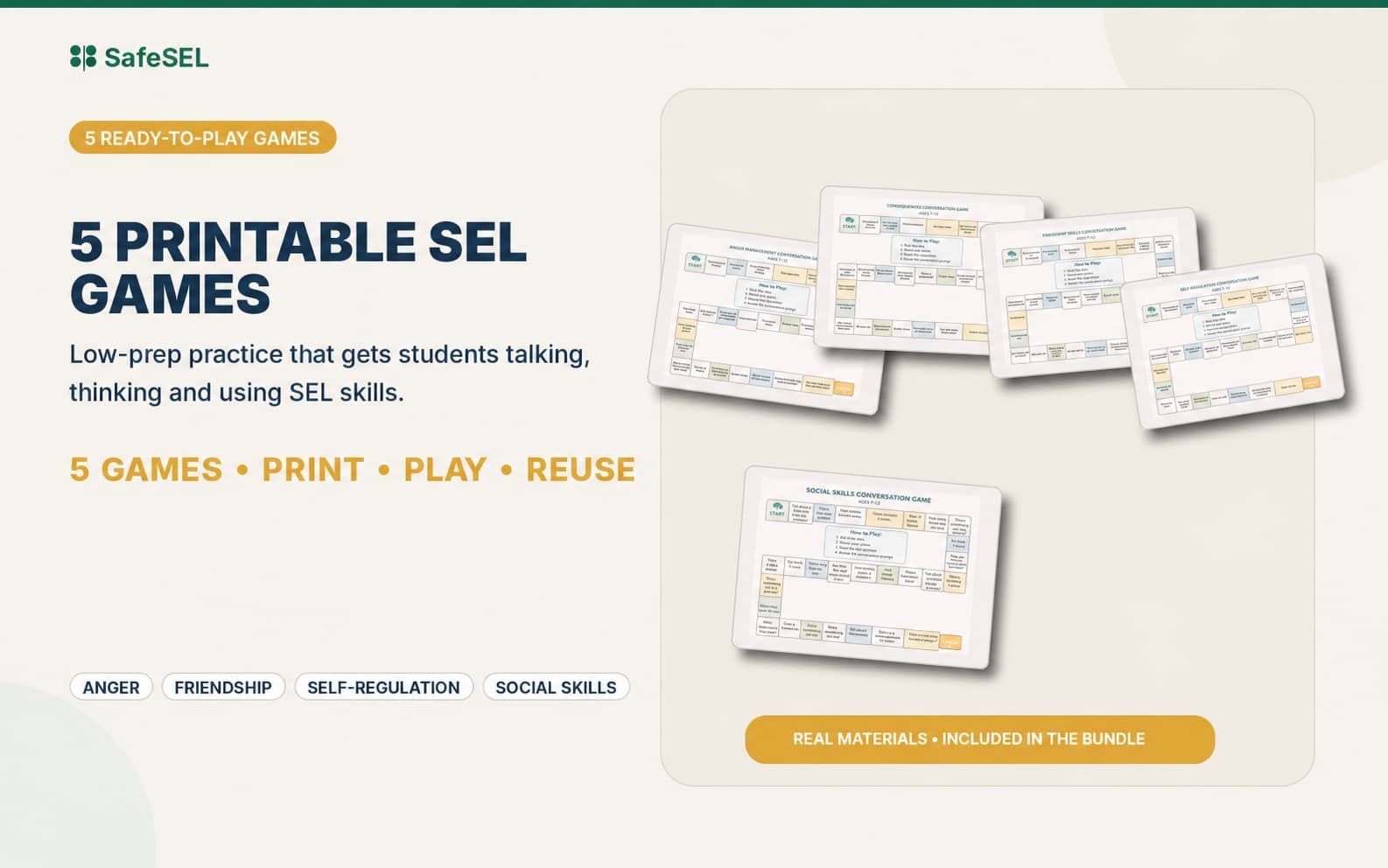 5 Printable SEL Games - real materials included in the bundle