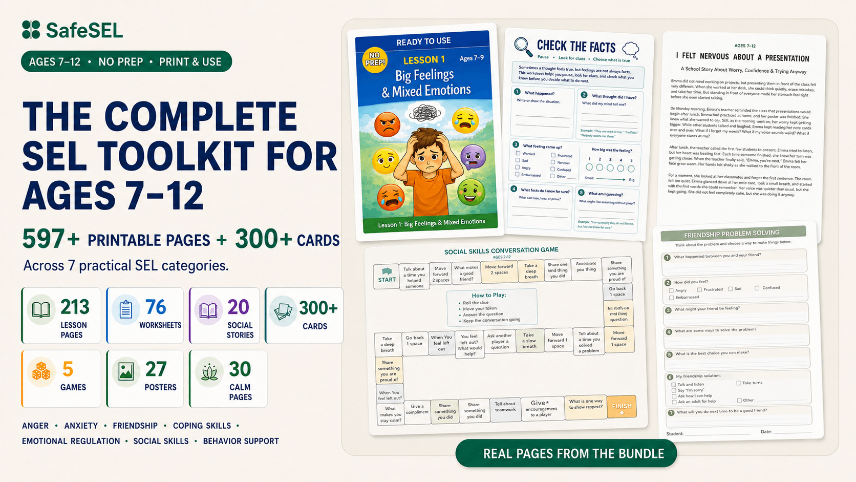 Real pages included in the SafeSEL Complete SEL Toolkit for ages 7-12