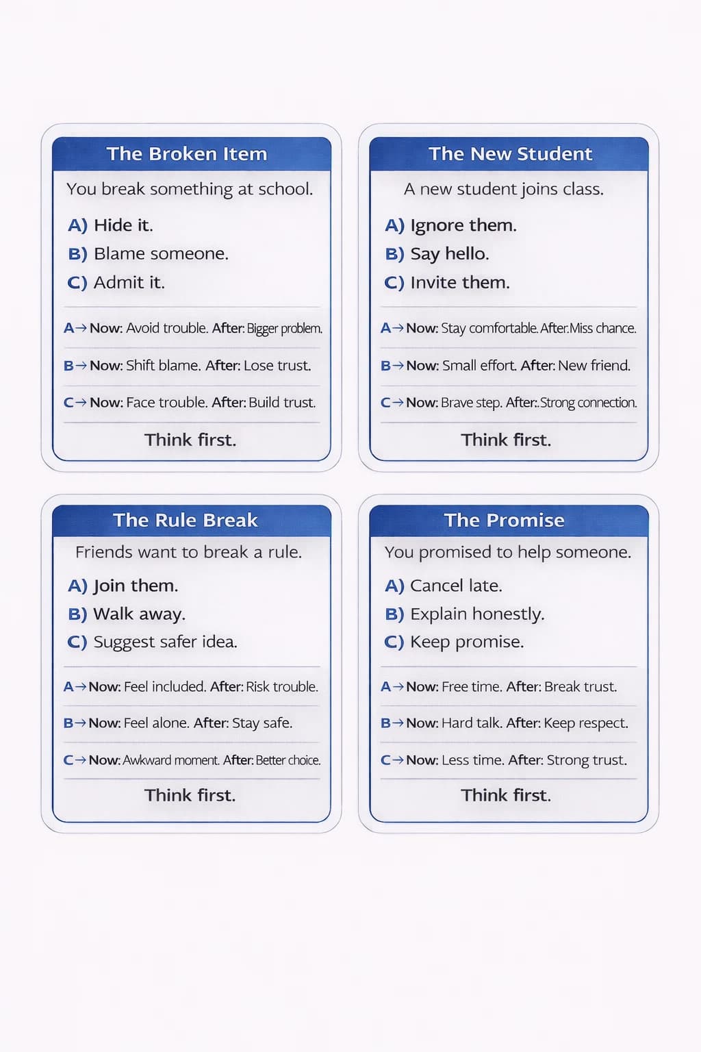 School situations — think-first scenario cards