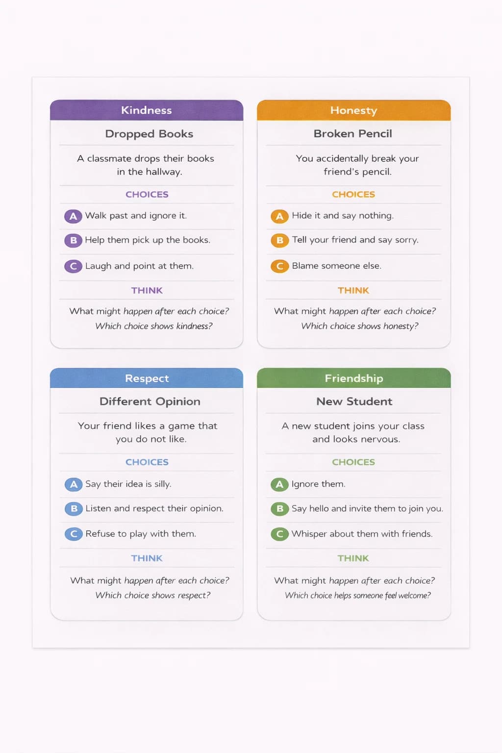 Helpfulness, honesty & friendship scenario cards
