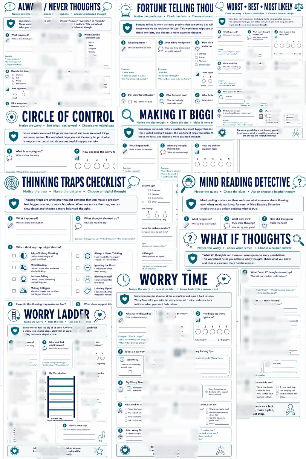 Circle of control, worry & thinking worksheets
