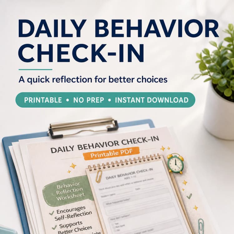 Daily Behavior Check-In Worksheet for Kids Ages 7-12 (Social Emotional Learning Printable PDF)