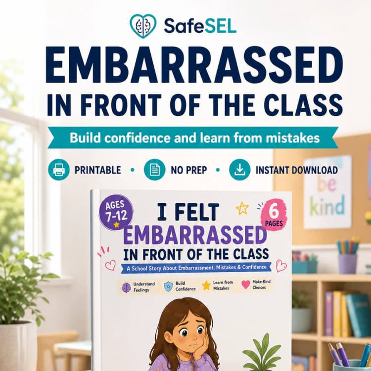 Social Emotional Learning Story, Embarrassment Mistakes Confidence Worksheets (Ages 7-12)