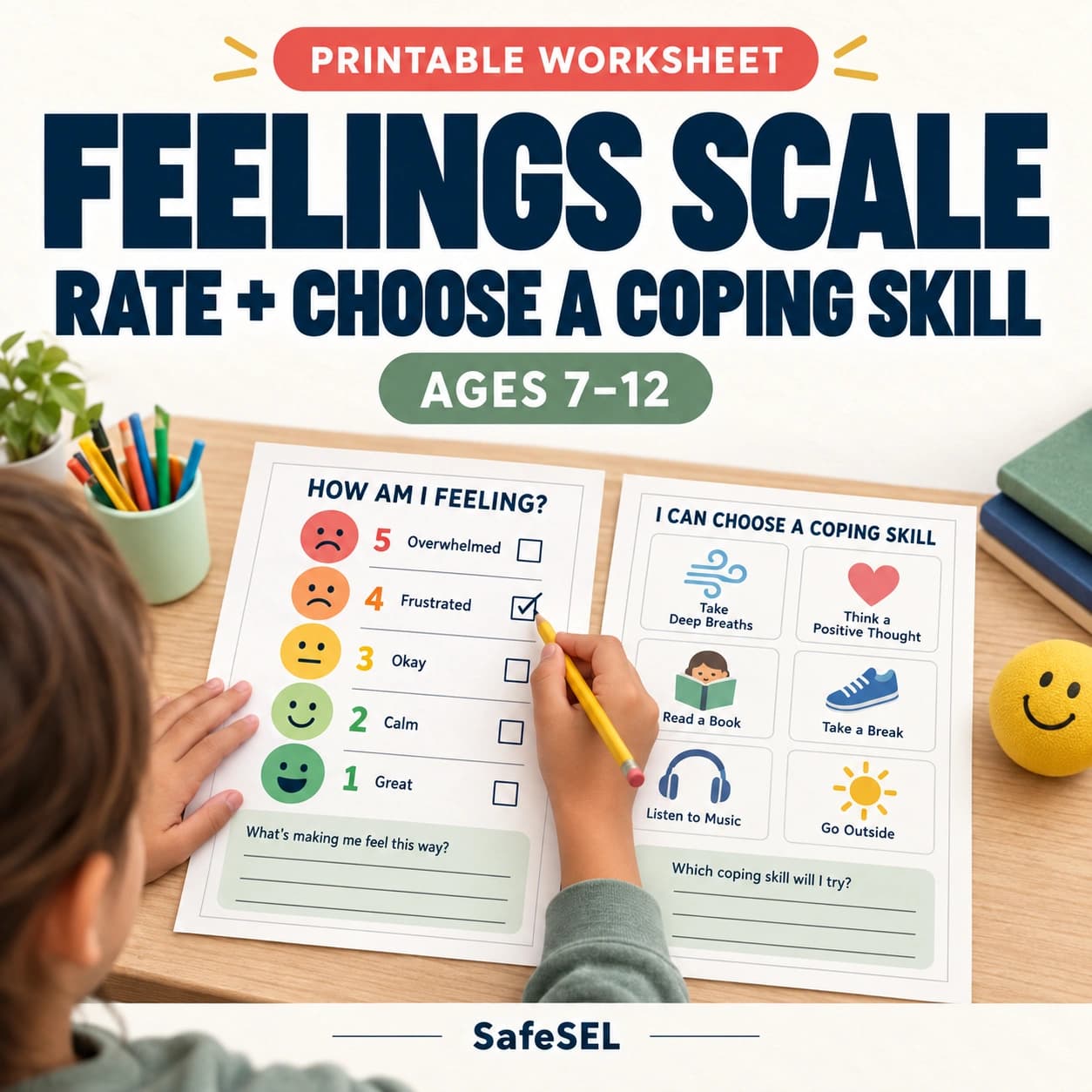 Feelings Scale Worksheet for Kids: Rate Emotions and Choose Coping Skills
