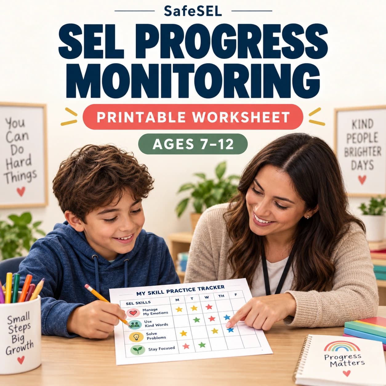 Skill Progress Form for Kids Ages 7-12 – Social Emotional Learning Tracking Worksheet (Printable PNG)
