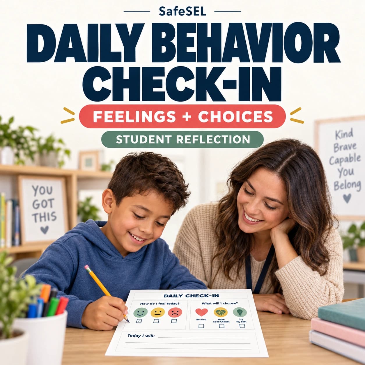 Daily Behavior Check-In Worksheet for Kids Ages 7-12 (Social Emotional Learning Printable PNG)