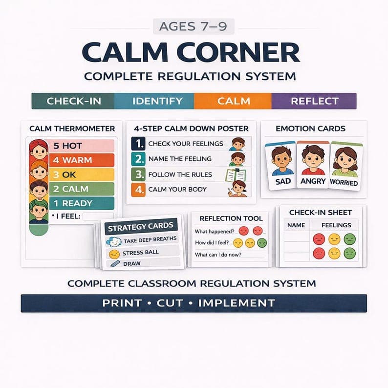 Calm Down Corner Printables for Classroom Ages 7–9