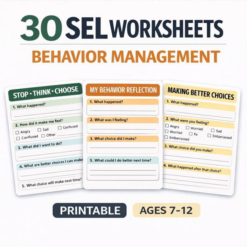 Behavior Reflection Worksheets for Kids Ages 7–12