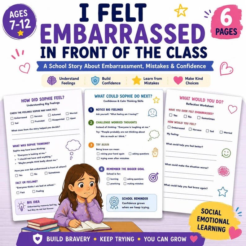Social Emotional Learning Story, Embarrassment Mistakes Confidence Worksheets (Ages 7-12)
