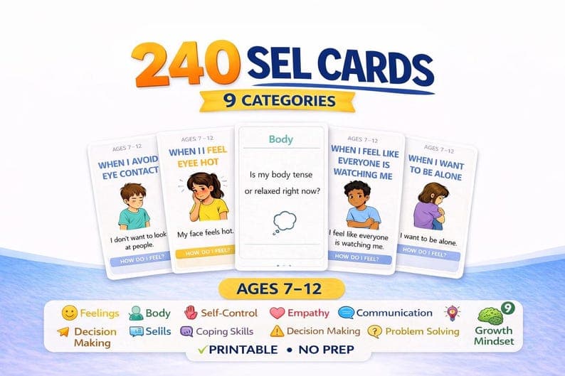 Social Emotional Learning Cards for Kids Ages 7-12 – 240 Social Emotional Learning Printable Cards