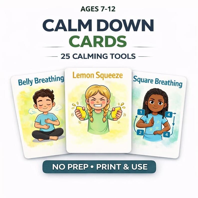 Calm Down Cards for Kids Ages 7–12 – Coping Skills Social Emotional Learning Activity (Printable PDF)