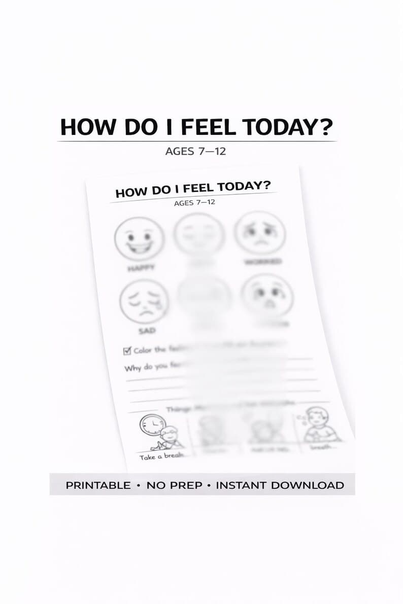 Kids Feelings Check-In Worksheet – Emotional Awareness Social Emotional Learning Printable (Ages 7-12)