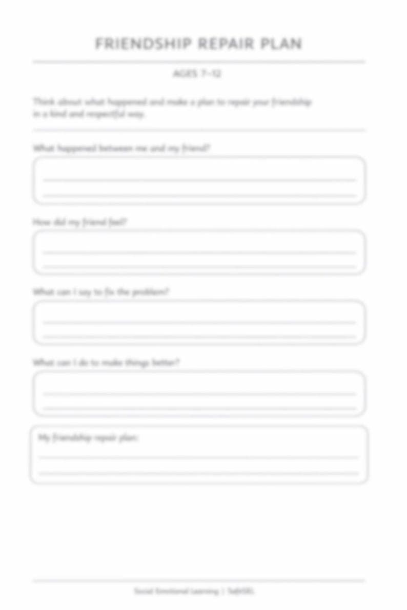 Friendship Repair Plan Worksheet – Kids Social Emotional Learning Activity (Ages 7-12)