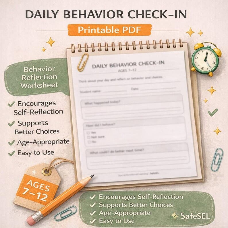 Daily Behavior Check-In Worksheet for Kids Ages 7-12 (Social Emotional Learning Printable PDF)