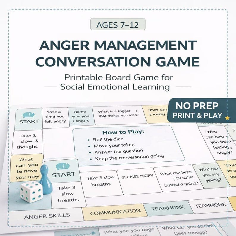 Anger Management Conversation Game for Kids Ages 7–12 – SEL Printable Board Game