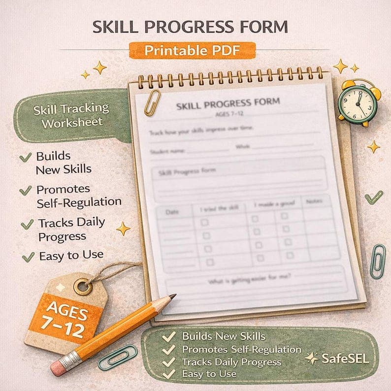 Skill Progress Form for Kids Ages 7-12 – Social Emotional Learning Tracking Worksheet (Printable PDF)