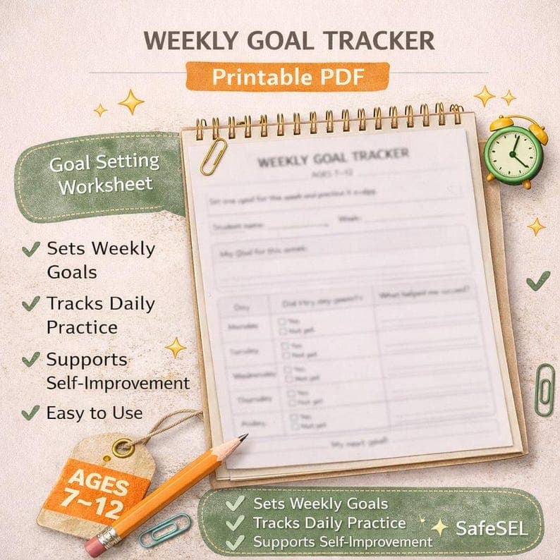 Kids Weekly Goal Tracker – Ages 7-12 Social Emotional Learning Printable Worksheet
