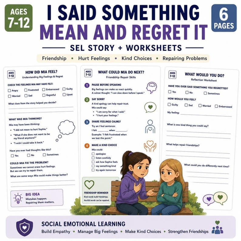 Social Story for Kids, Friendship Repair Worksheets