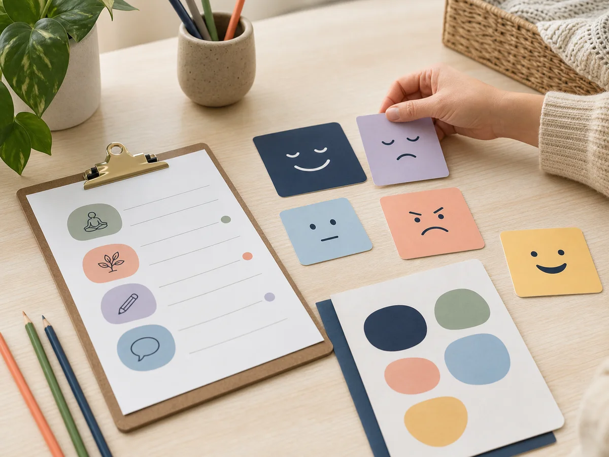 Emotion cards, a coping skills worksheet and colored pencils arranged on a calm workspace